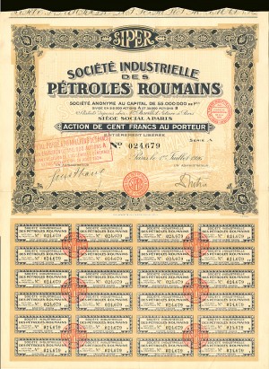 Societe Industrielle Des Petroles Roumains - Stock Certificate